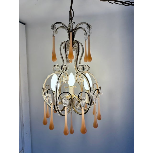 Venetian Style Beaded Brass Chandelier with Pink Murano Glass Drops, Italy, 1950s For Sale - Image 14 of 18