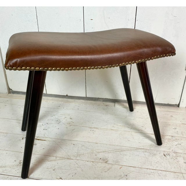 Wood Scandinavian Modern Faux Leather Stool For Sale - Image 7 of 8