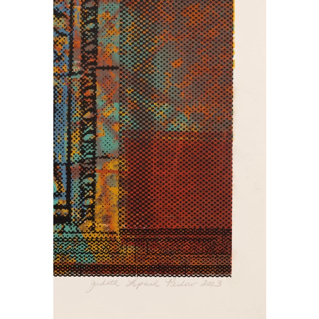 A color serigraph depicting a classical column rendered in turquoise tones against a layered blue and red ground with...