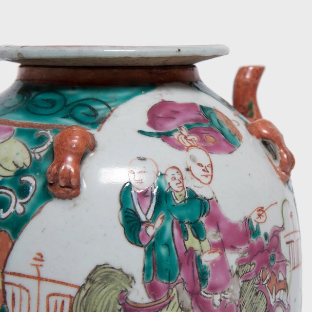 Green Antique Chinese Enamelware Teapot With Mythical Qilin For Sale - Image 8 of 11