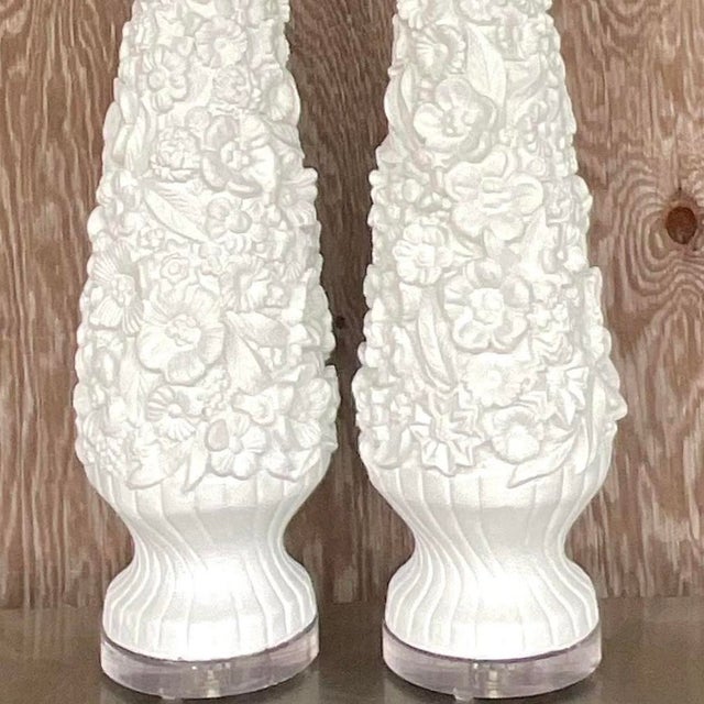 White Vintage Coastal Monumental Plaster Floral Table Lamps - a Pair For Sale - Image 8 of 12
