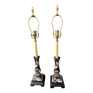 Early 20th Century Pair of Vintage Bradburn Gallery Black Chinoiserie Buffet Lamps For Sale