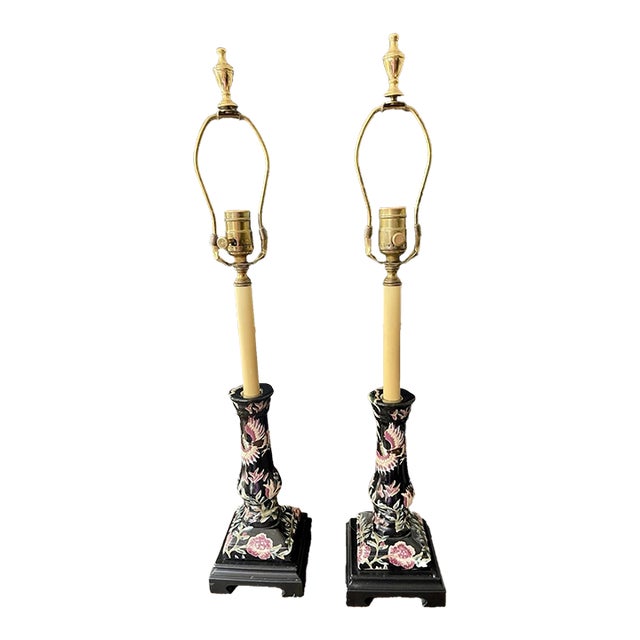 Early 20th Century Pair of Vintage Bradburn Gallery Black Chinoiserie Buffet Lamps For Sale