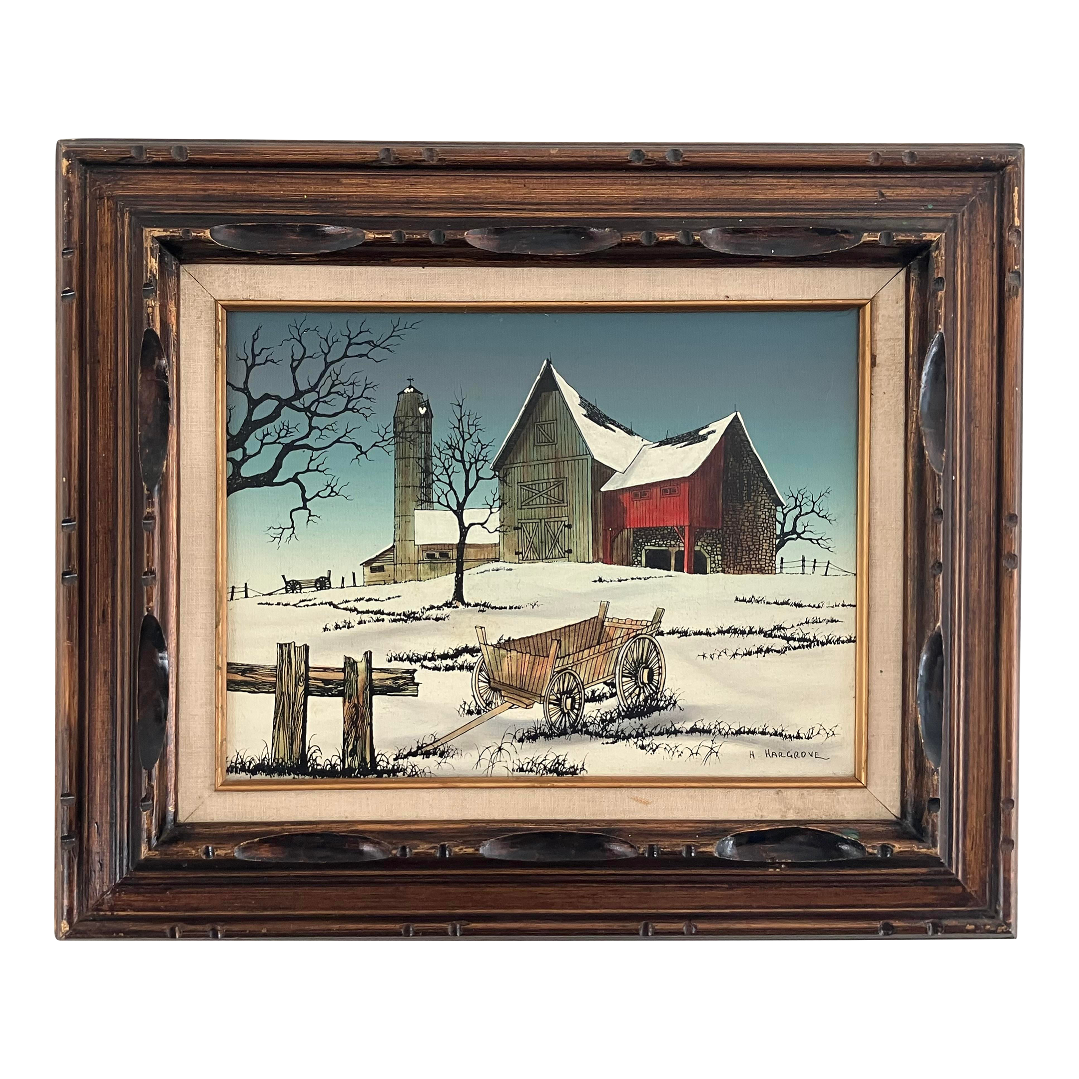 Vintage Winter Farm Landscape Oil by H. Hargrove | Chairish