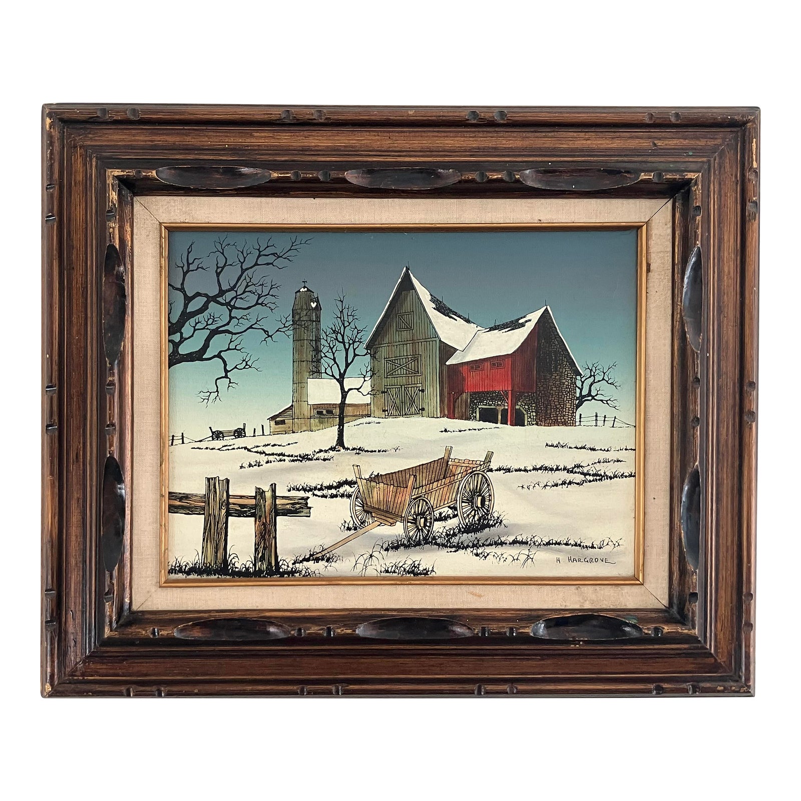 Vintage Winter Farm Landscape Oil by H. Hargrove | Chairish