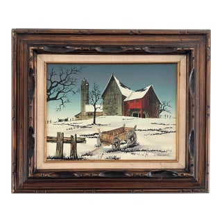 Vintage Winter Farm Landscape Oil by H. Hargrove For Sale