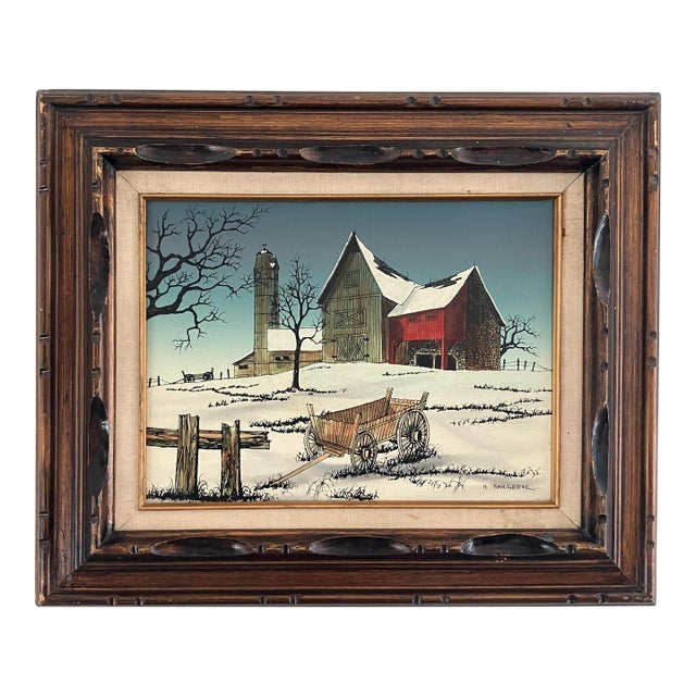 Vintage Winter Farm Landscape Oil by H. Hargrove For Sale