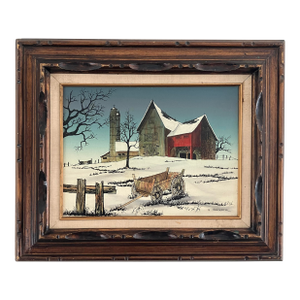 Vintage Winter Farm Landscape Oil by H. Hargrove