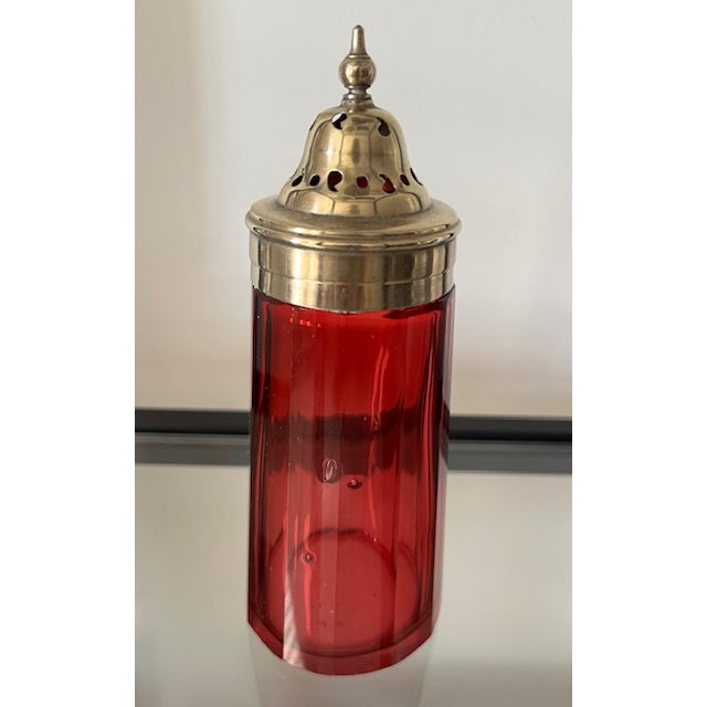 English Antique Cranberry Glass Muffineer/Sugar Shaker With Gold Washed Silverplate Top For Sale - Image 3 of 7
