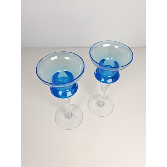 Set of blue and clear crystal tapered tall candle holders. Mid century modern. In great vintage condition, with minimal...