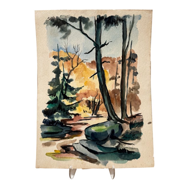 Henry Emil Salloch Original Watercolor on Paper Autumn Forest Clearing, 1945 For Sale
