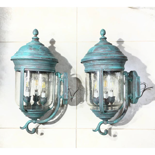 Pair of Vintage Solid Brass Wall Lanterns /Sconces 22”x10”x11”.5 For Sale - Image 12 of 16