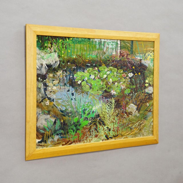 Garden Pond with Water Lilies and Rockery, 1994 – Oil Painting by Alexander Michael Item e7648 This vibrant oil painting...