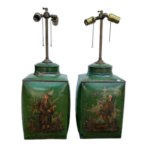 Antique Traditional English Tole Chinoiserie Table Lamps - a Pair