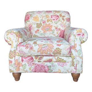 Clayton Marcus English Roll-Arm Club Chair – Floral Botanical Chintz Upholstered Lounge Chair For Sale