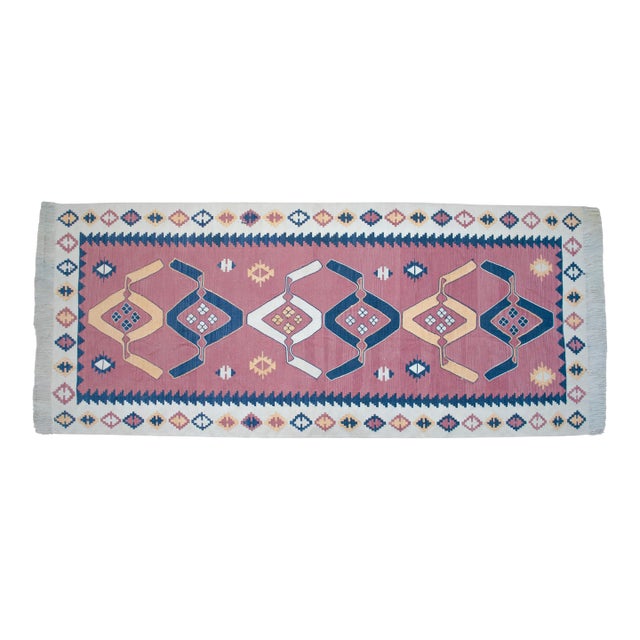 3x7 Pink Navy Silk Kilim, Modern Turkish Flatweave Runner, Handwoven Entryway Corridor Rug, Geometric Tribal Runner For Sale