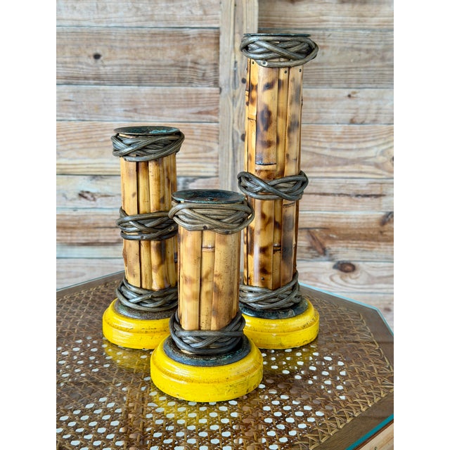 Set of Three Vintage Scorched Bamboo and Rattan Wrapped Candlesticks For Sale - Image 12 of 12