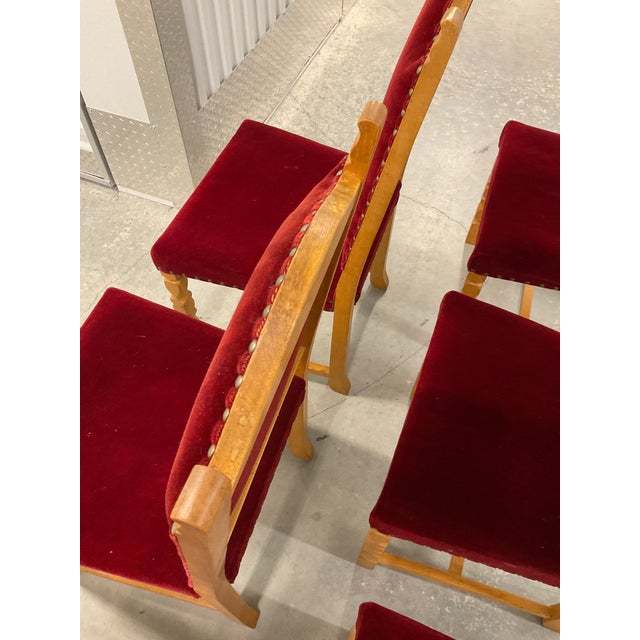 Set of 6 1970s Danish Oak Dining Chairs - Style of Henning Kjærnulf - Original Red Mohair For Sale - Image 16 of 18