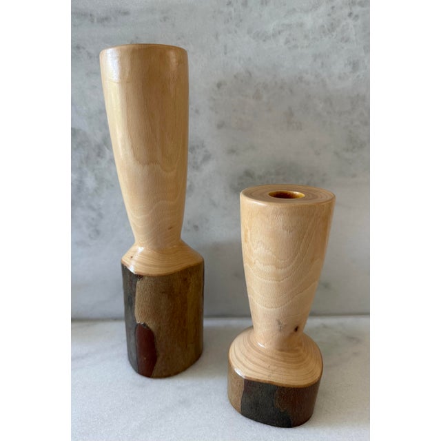 Rustic Pair of Vintage Handcrafted Turned Wood Candle Holders For Sale - Image 3 of 9