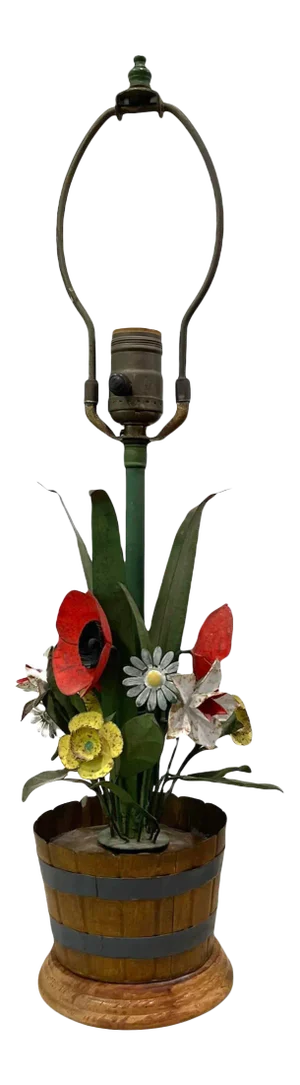 Vintage Tole Flowers Potted in a Whiskey Barrel Lamp