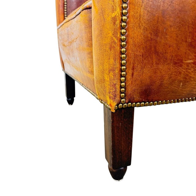 Antique French Moustache Cognac Leather Club Chair, 1920s For Sale - Image 9 of 13