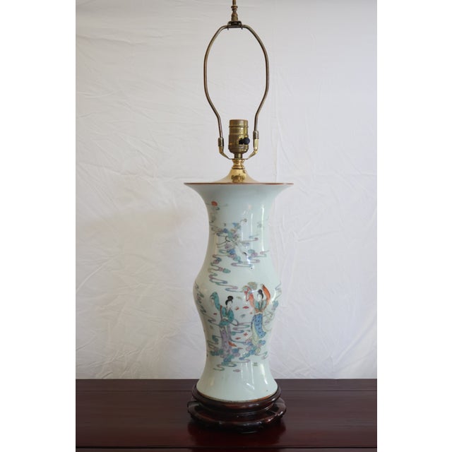 Vintage Chinese Celadon-Ground Famille Rose Celestial Figure Porcelain Table Lamp For Sale - Image 12 of 18