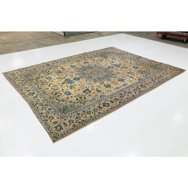8 X 11 Handmade Vintage Kashan Persian Wool Rug in Beige With Floral Design For Sale - Image 4 of 9