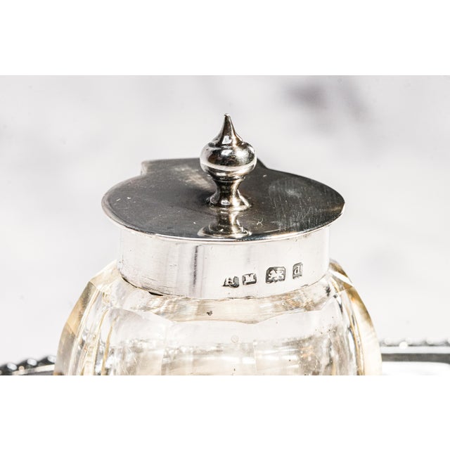 Lovely Edwardian English Antique Sterling Silver Crystal Inkwell Pen Tray Desk Office Home Decor For Sale - Image 4 of 18