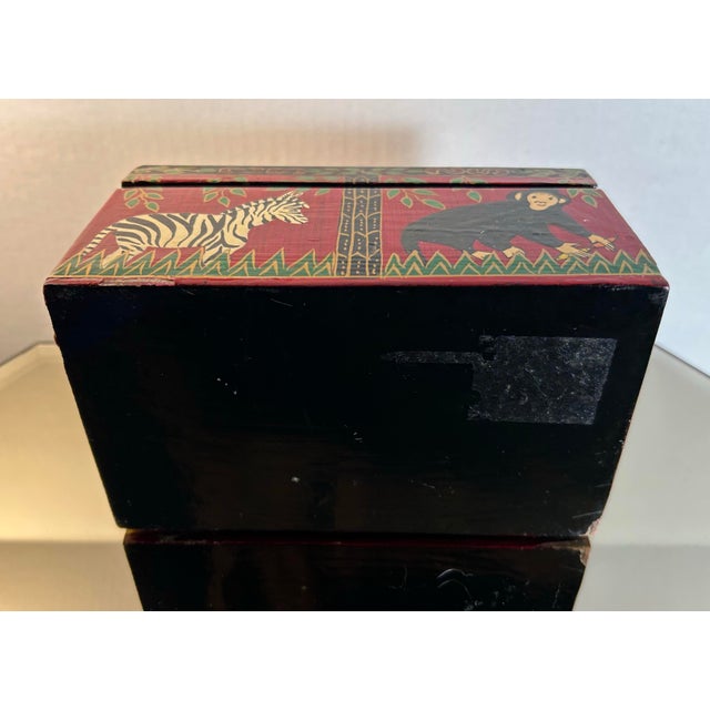 Red Vintage Wood & Paper Mache Hand Painted Safari Style Dresser Box ~ Monkeys & Zebras For Sale - Image 8 of 8