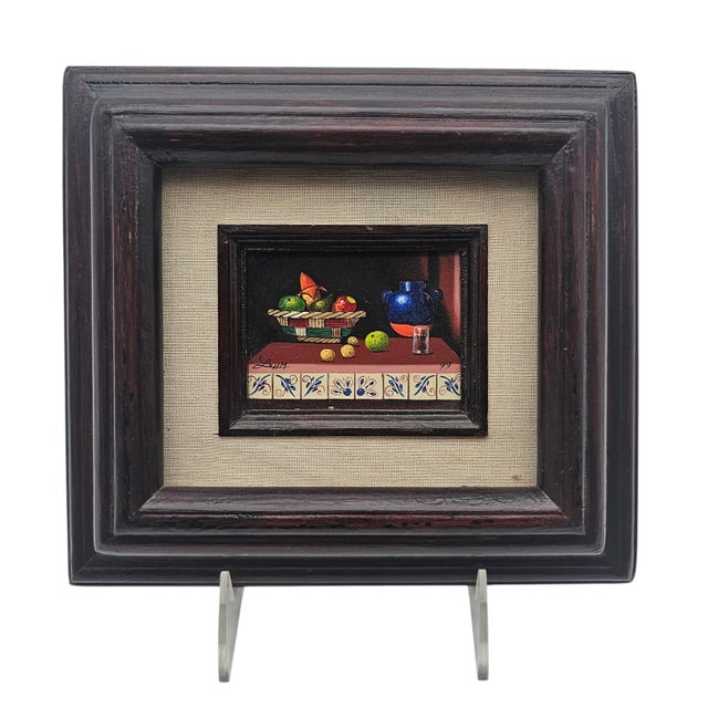 A finely painted miniature still life from the artisan studios of Xochimilco, Mexico City (D.F.). Signed LEHM and dated...