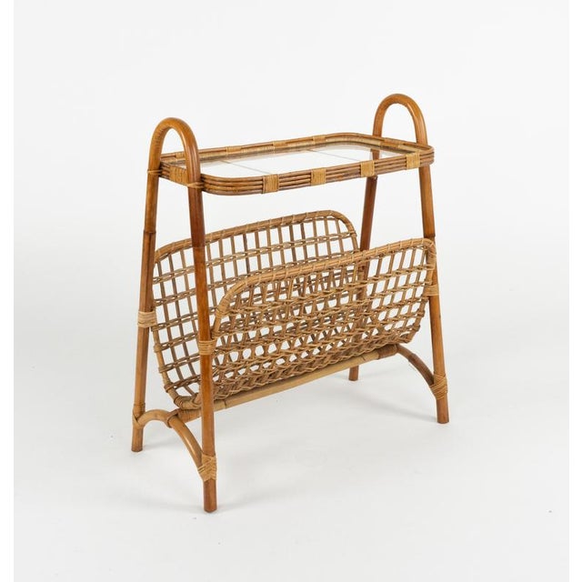 Mid-Century Bamboo, Rattan and Glass Side Table with Magazine Rack, Italy, 1960s For Sale - Image 11 of 18