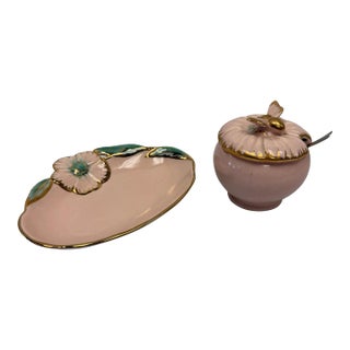 Vintage 1950s Vallona Starr California Pottery Pink & Gold Condiment Jar and Leaf Tray Set For Sale