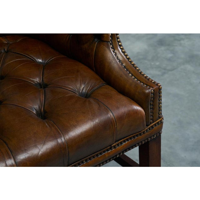 English Tufted Wingback Settee in Patinated Leather, 1900 For Sale - Image 11 of 17