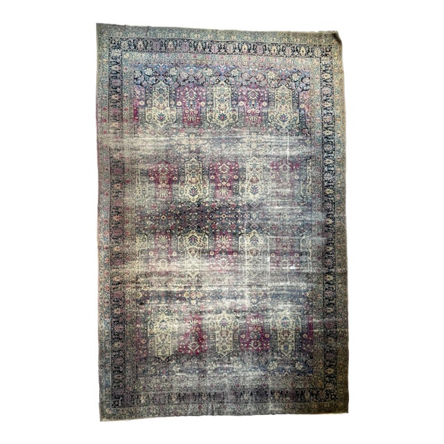 Antique Persian Kermanshah Charcoal, Magenta & Denim Blue Garden Inspired Design Rug, 11.4 x 17.7 For Sale