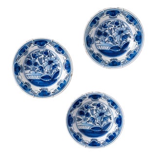 Dutch Delft Blue & White Floral Plates, 1700s, Set of 3 For Sale