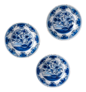Dutch Delft Blue & White Floral Plates, 1700s, Set of 3