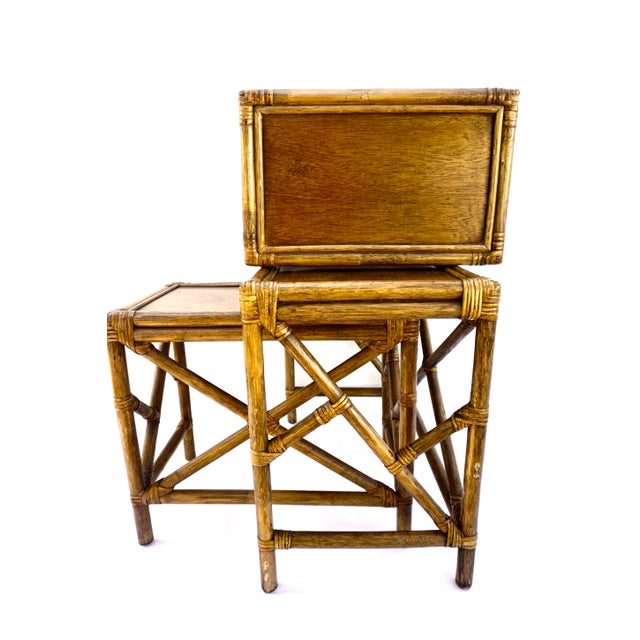 MidCentury Rattan Nesting Side Tables X3 Chippendale Fretwork