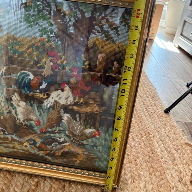 Sky Blue Vintage 1970s Handmade Needlepoint in Frame Featuring a Farm Scene Pond With Ducks, Geese, and Chickens Textile Art For Sale - Image 8 of 9