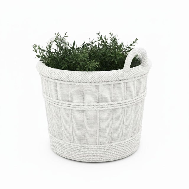 Large Pale Gray Cement Planter in the Shape of a Double Handled Wicker Gathering Basket For Sale - Image 4 of 12