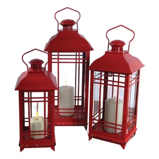 Traditional Red Metal Lantern (Set of 3) For Sale