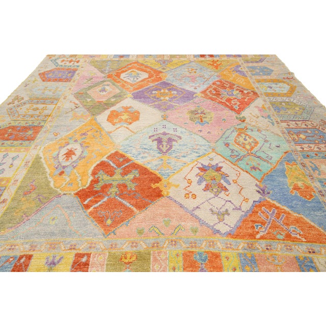 Textile Modern Oushak Handmade Multicolor Geometric Designed Wool Rug For Sale - Image 7 of 10
