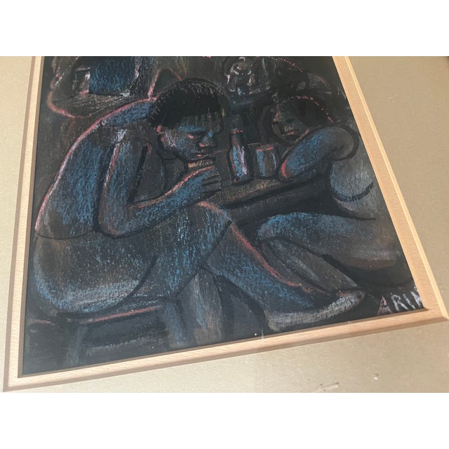 1970s 1970s Original Encaustic Oil Painting Intriguing Day of the Dead Skull Bar Scene For Sale - Image 5 of 6