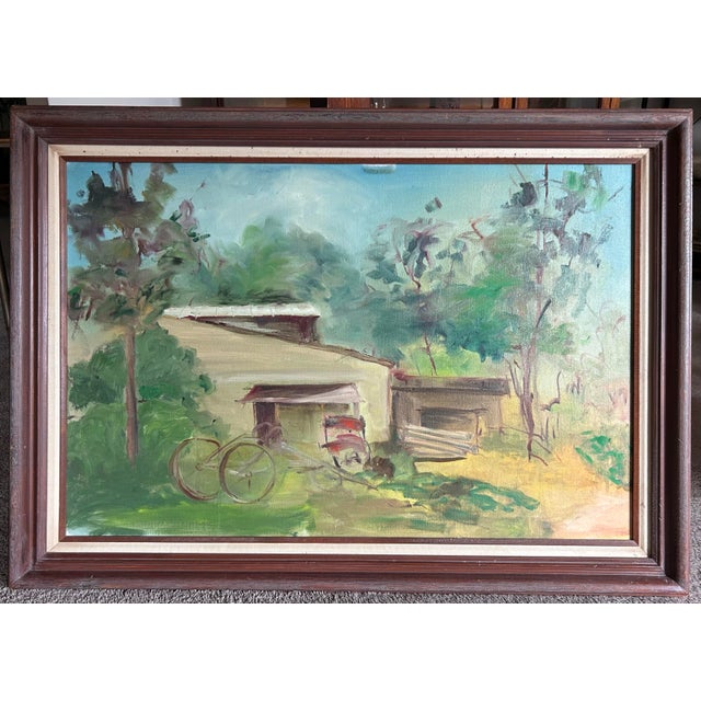 Large vintage impressionist oil painting of a farm. In vintage wood frame. No signature. Painting measures 24” x 36” and...