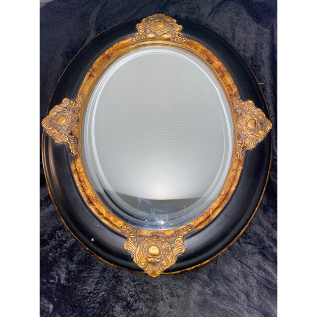 Traditional Vintage Oval Convex Mirror With Black and Gold Ornate Wooden Frame. For Sale - Image 3 of 12