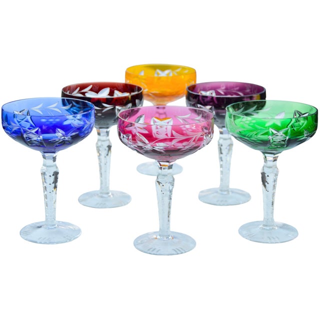 Mid-Century Modern Mid 20th Century Handblown Colorful Cut-to-Clear Crystal Coupes- S/6 For Sale - Image 3 of 6