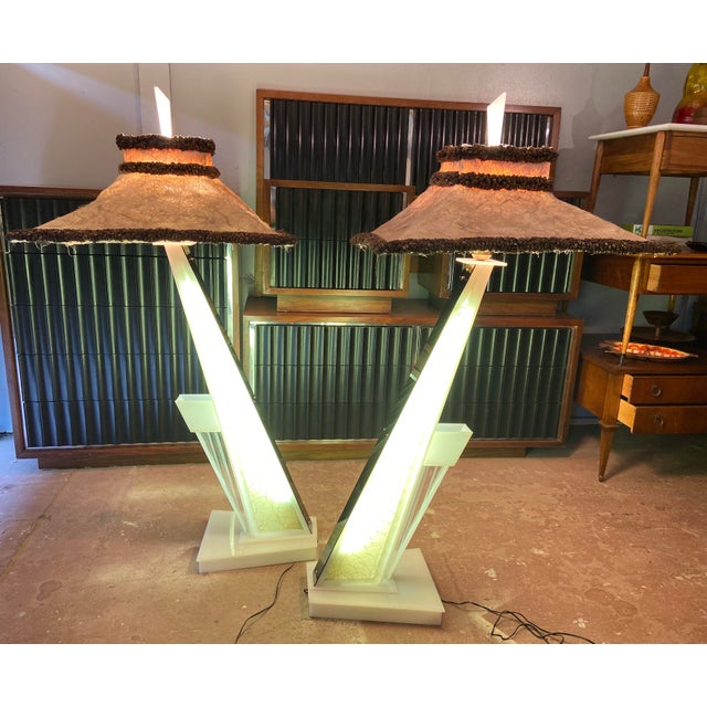 “Leaning Lena” Spun Glass + Plexiglas Moss Floor Lamps A Pair Chairish