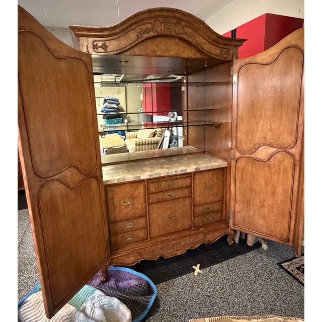 Cinnamon Maitland-Smith Carved Walnut and Rattan Dry Bar Armoire Cabinet For Sale - Image 8 of 17