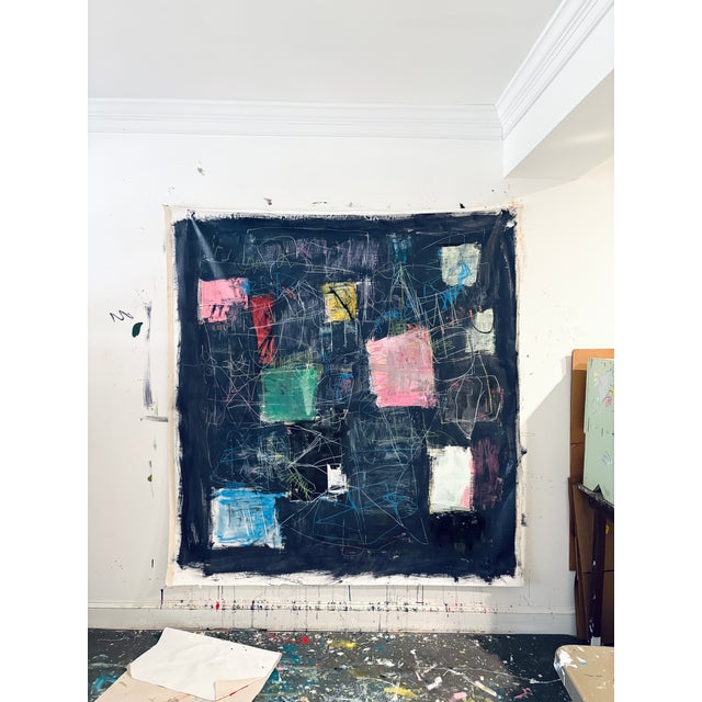 Colorful shapes and gestural markings on a dark blue background. Acrylic and mixed media on un-stretched canvas. Stretches...