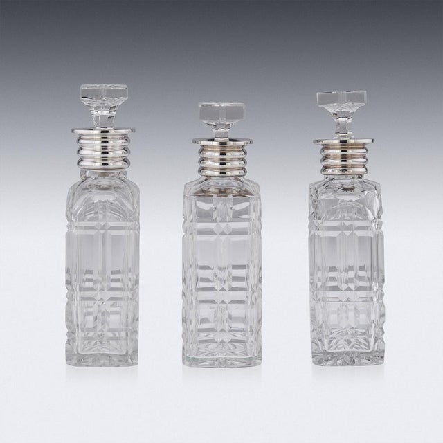 20th Century English Art Deco Solid Silver & Cut Glass Decanters, 1910s, Set of 3 For Sale - Image 5 of 18