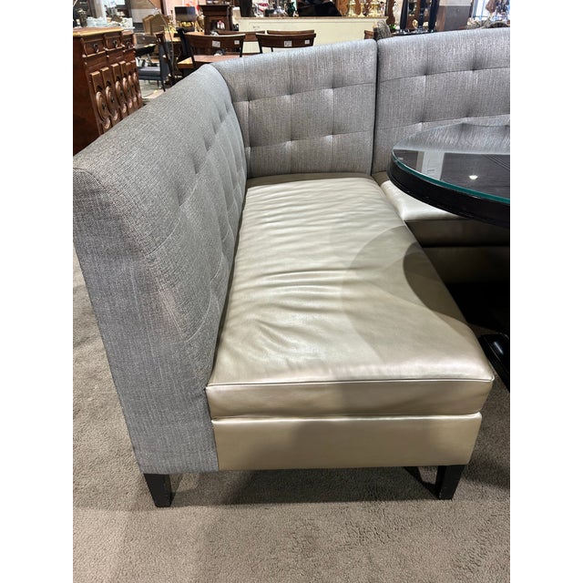 Modern Glass Top Dark Wood Oval Table and Gray and Gold Fabric Booth. For Sale - Image 3 of 9